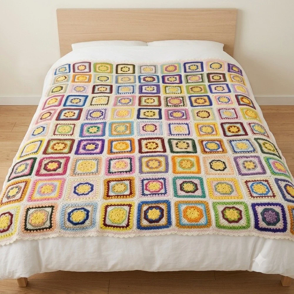 Vibrant Handmade Crochet Granny Square Afghan Blanket MultiColor Floral Sunburst